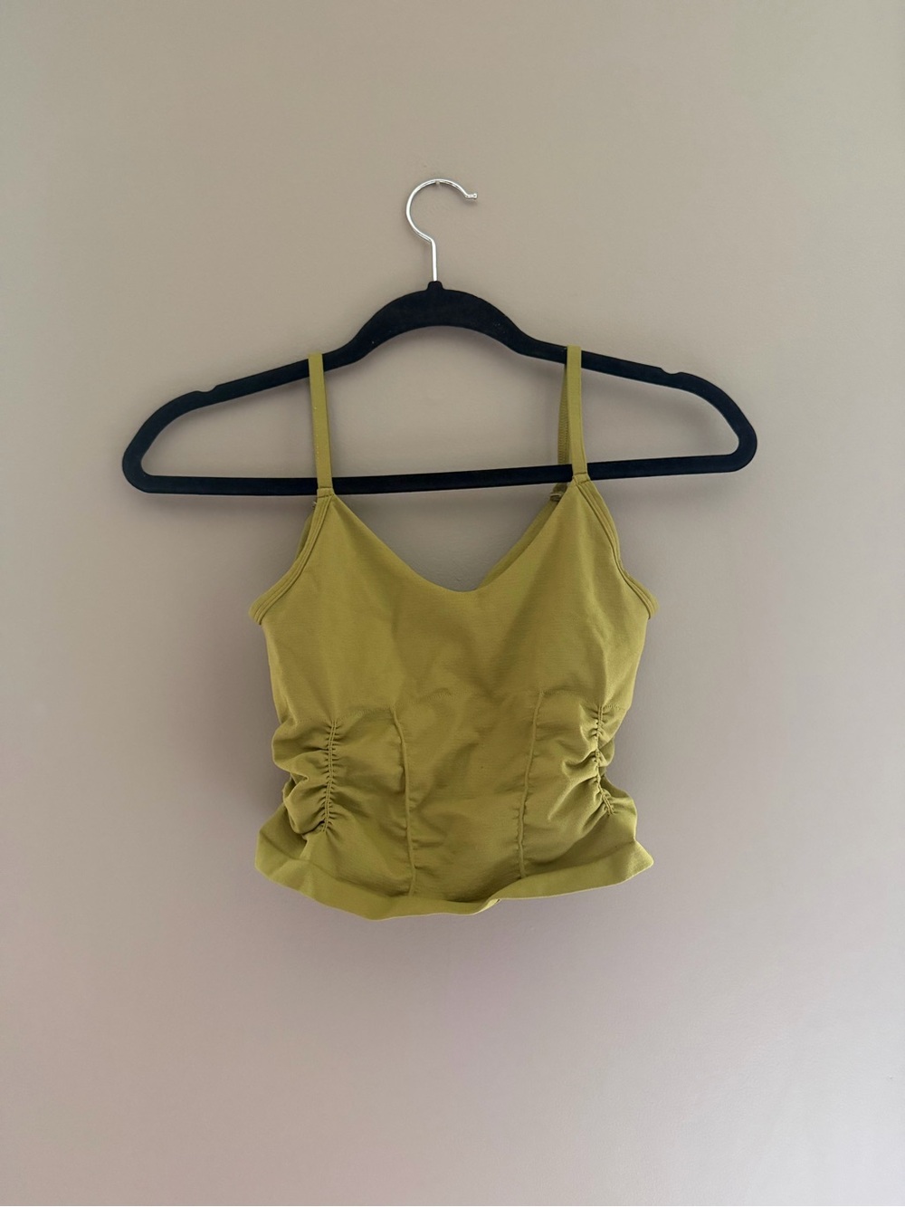 Free People Good Karma Ruched Crop Tank in a dusty green color